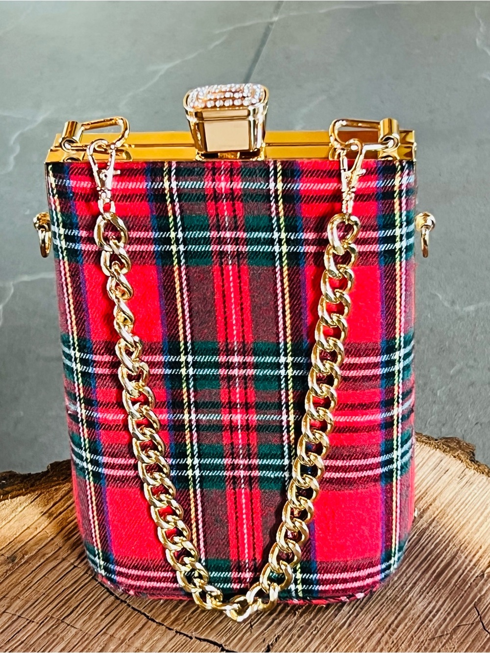 Red Plaid Tartan structured Evening Bag Gold Chain Unique